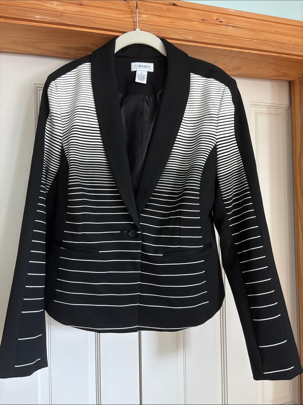 Carmen Marc Valvo Black and White Striped Shawl Collar Blazer